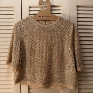 Veronica Beard Novalie Short Sleeve Beaded Top in Nude / Khaki